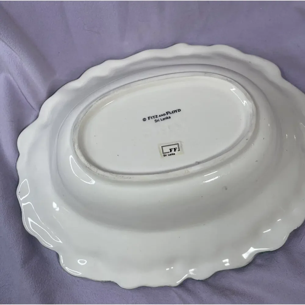 Fitz and Floyd DAMASK CHRISTMAS 1995 Oval Bowl Holly Pinecones Gold Star Box